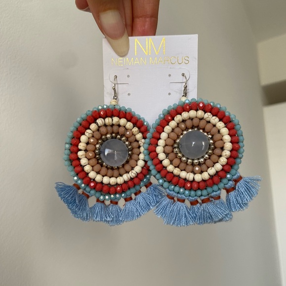 Neiman Marcus Statement Fran Drop Fringe Round Stone Bead Blue Red Cream NWT box - Picture 15 of 15